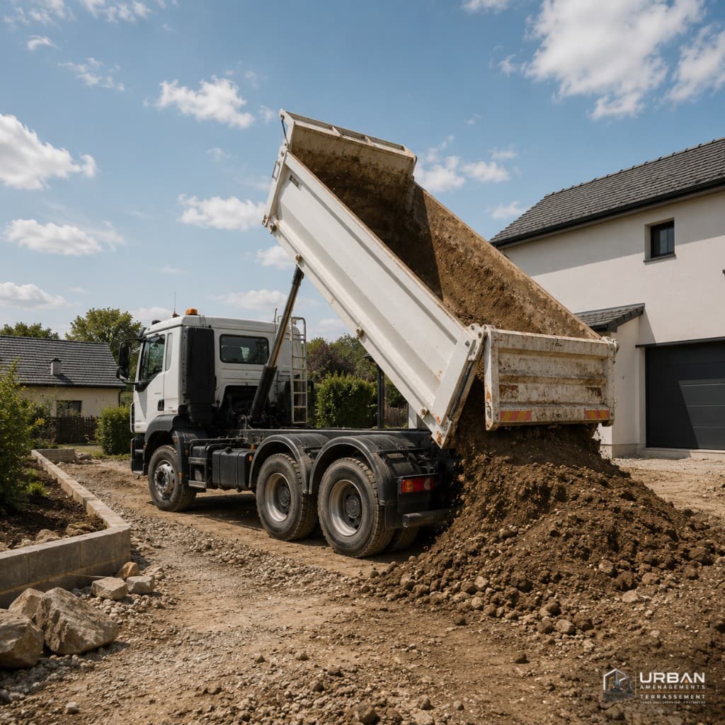 Camion-benne en déchargement de terre — Urban Aménagements Yvelines