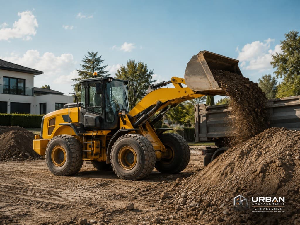 Chargeuse jaune en chargement de terre — Urban Aménagements Yvelines