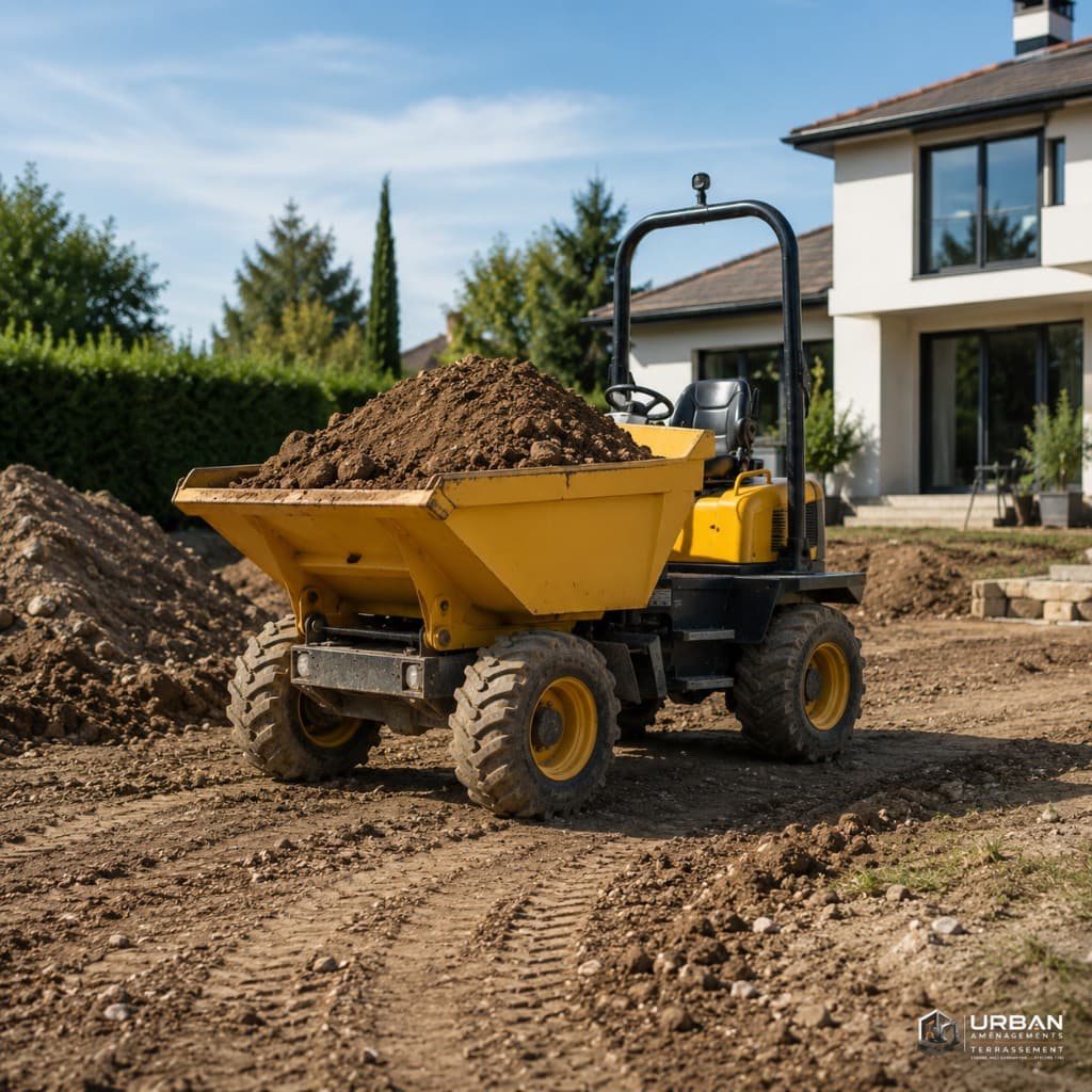 Dumper jaune chargé de terre sur chantier — Urban Aménagements Yvelines