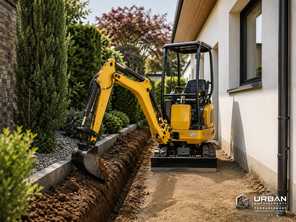 Micro-pelle jaune en intervention — tranchée près d'une construction, Urban Aménagements Yvelines