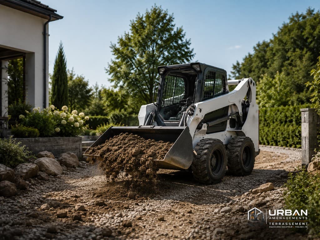 Mini-chargeur en intervention — manutention de terre, Urban Aménagements Yvelines