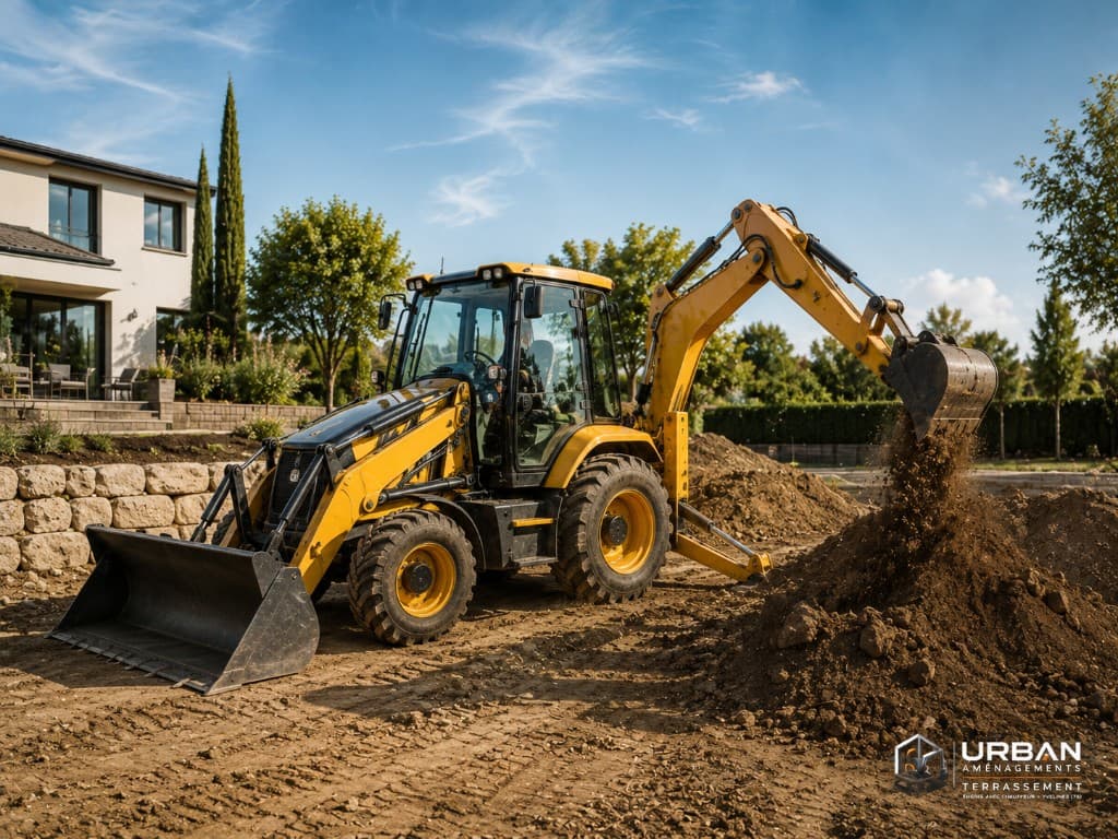Tractopelle jaune en intervention de terrassement — Urban Aménagements Yvelines